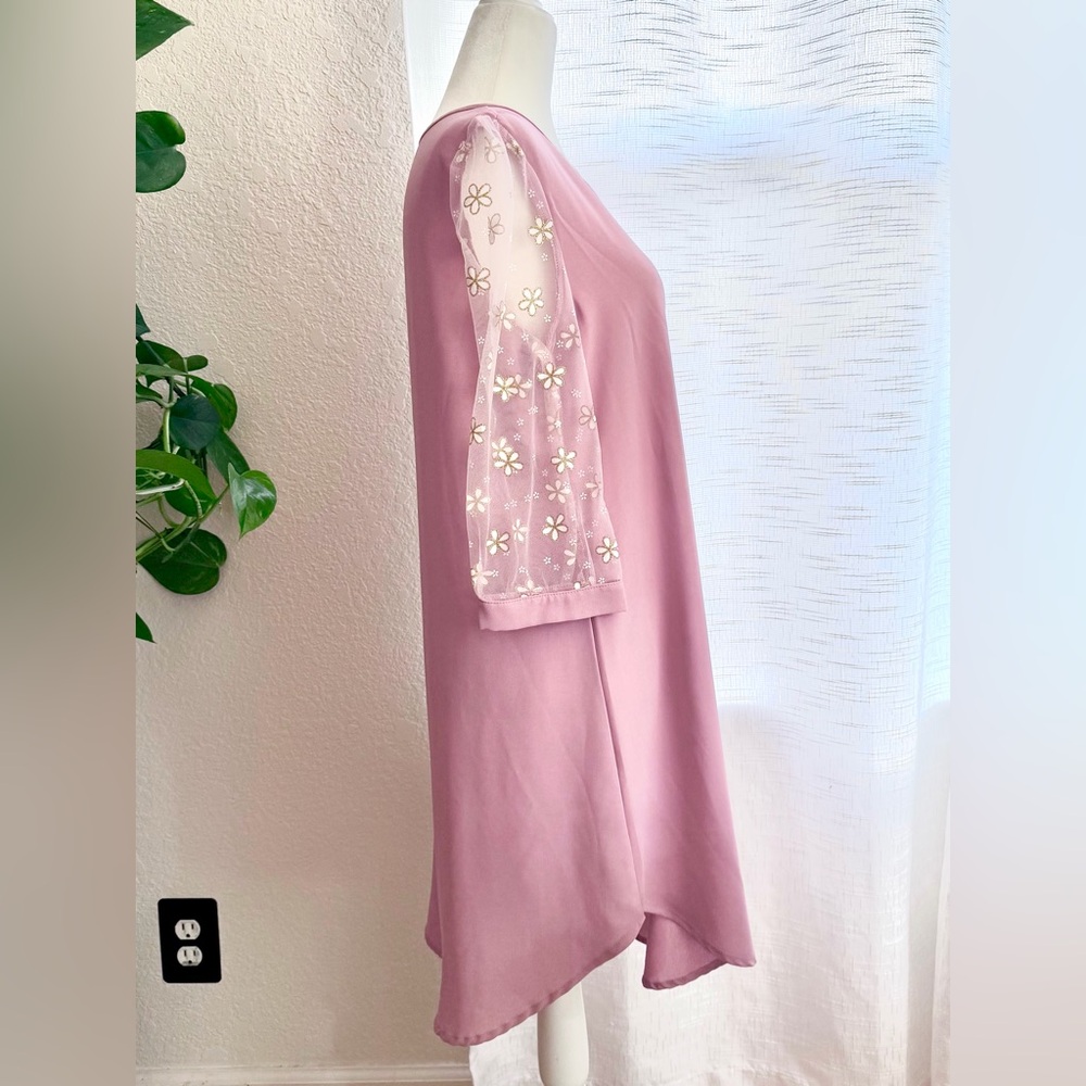 Mauve Pink Floral Mesh Sleeve Shift Dress - Picture 2 of 7